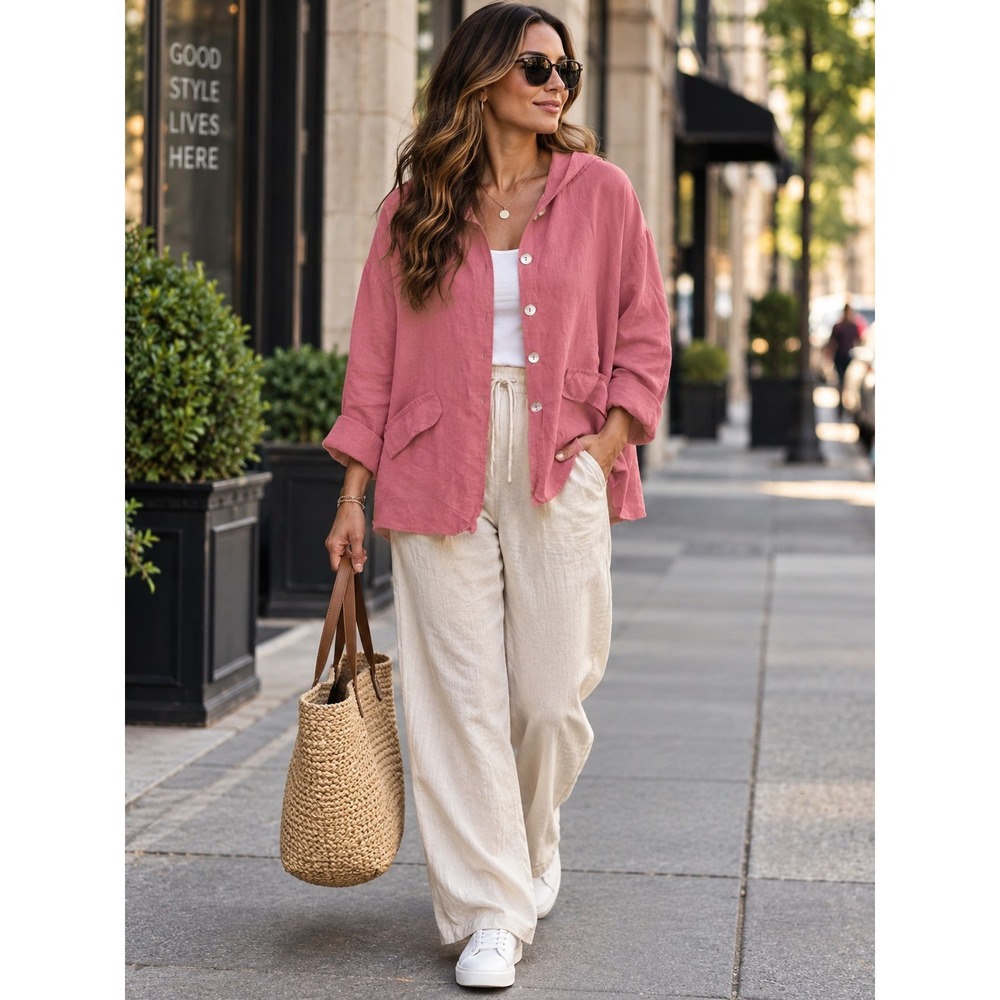 Bryn Walker Havana Pink Heavy Linen Hooded Jacket Size L MSRP $158 Made In USA